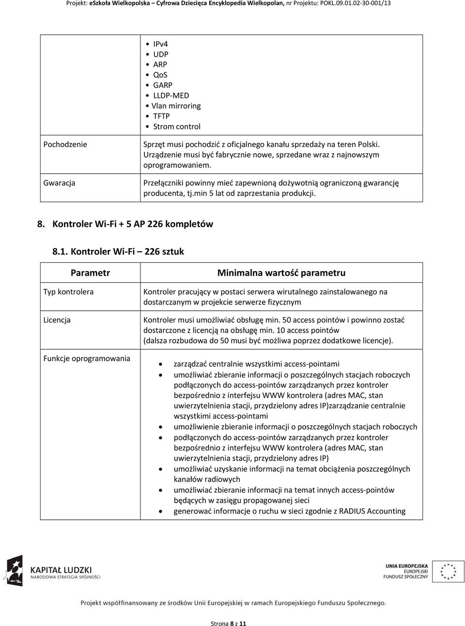 min 5 lat od zaprzestania produkcji. 8. Kontroler Wi Fi + 5 AP 226 kompletów 8.1.