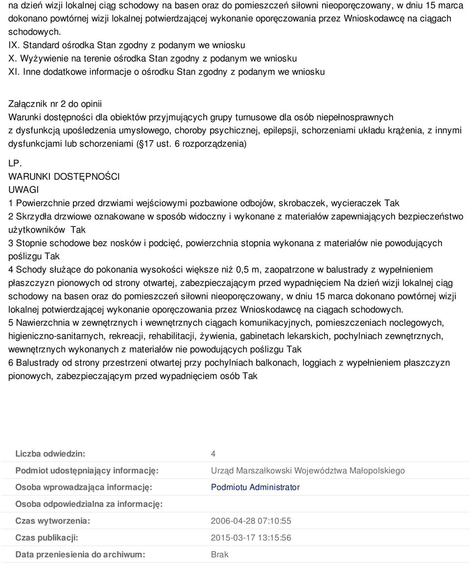 Inne dodatkowe informacje o ośrodku Stan zgodny z podanym we wniosku Załącznik nr 2 do opinii Warunki dostępności dla obiektów przyjmujących grupy turnusowe dla osób niepełnosprawnych z dysfunkcją