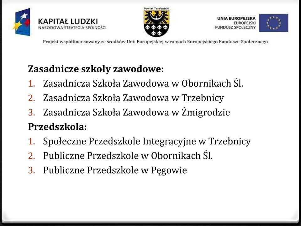 Zasadnicza Szkoła Zawodowa w Żmigrodzie Przedszkola: 1.