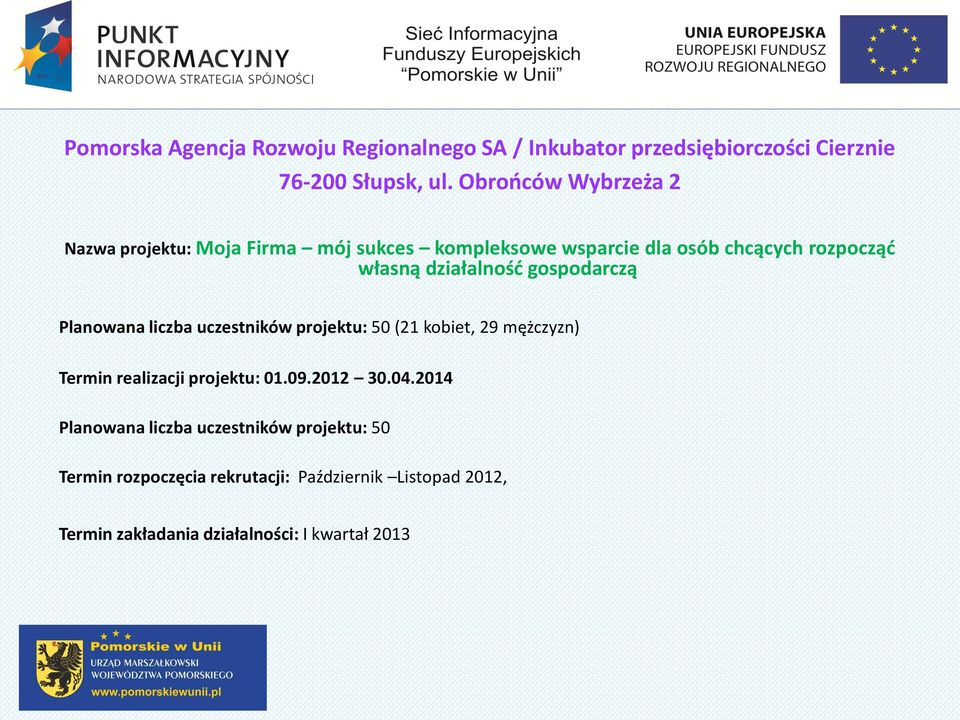 gospodarczą Planowana liczba uczestników projektu: 50 (21 kobiet, 29 mężczyzn) Termin realizacji projektu: 01.09.2012 30.04.