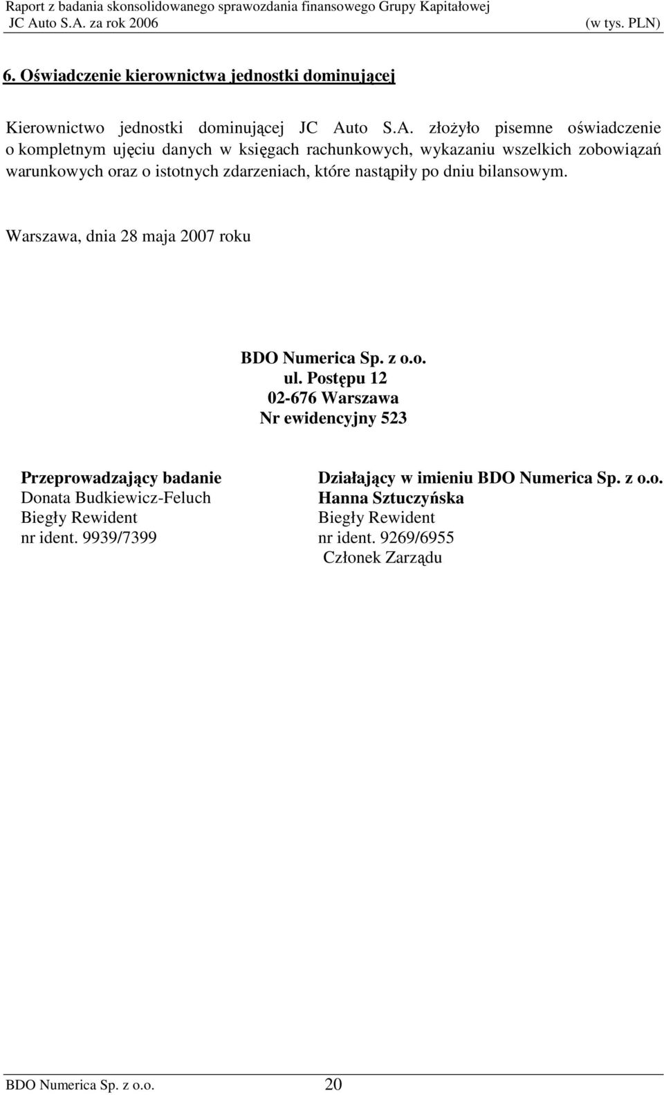 złoŝyło pisemne oświadczenie o kompletnym ujęciu danych w księgach rachunkowych, wykazaniu wszelkich zobowiązań warunkowych oraz o istotnych zdarzeniach,