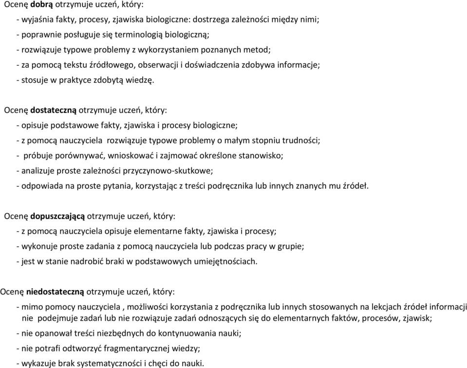 Ocenę dostateczną otrzymuje uczeń, który: - opisuje podstawowe fakty, zjawiska i procesy biologiczne; - z pomocą nauczyciela rozwiązuje typowe problemy o małym stopniu trudności; - próbuje