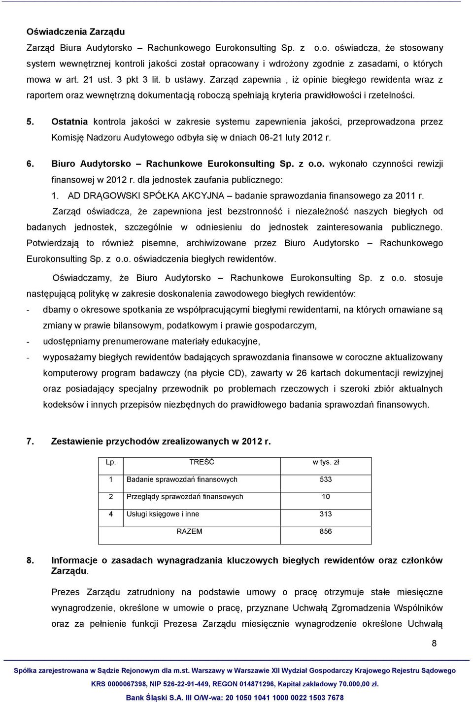 Ostatnia kontrola jakości w zakresie systemu zapewnienia jakości, przeprowadzona przez Komisję Nadzoru Audytowego odbyła się w dniach 06-21 luty 2012 r. 6.