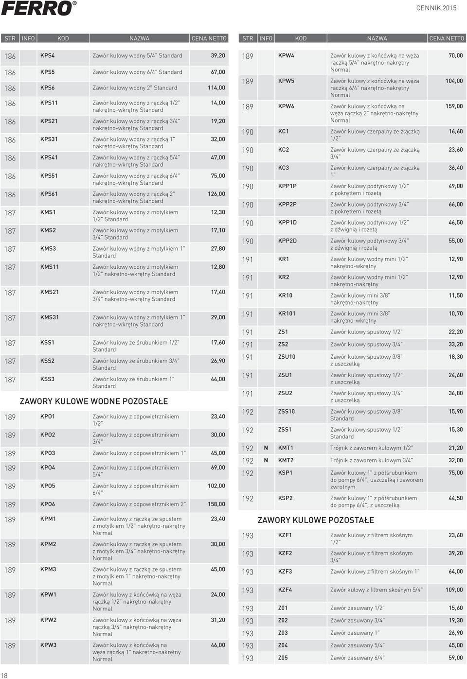 5/4" nakrętno-wkrętny Standard 186 KPS51 Zawór kulowy wodny z rączką 6/4" nakrętno-wkrętny Standard 186 KPS61 Zawór kulowy wodny z rączką 2" nakrętno-wkrętny Standard 187 KMS1 Zawór kulowy wodny z