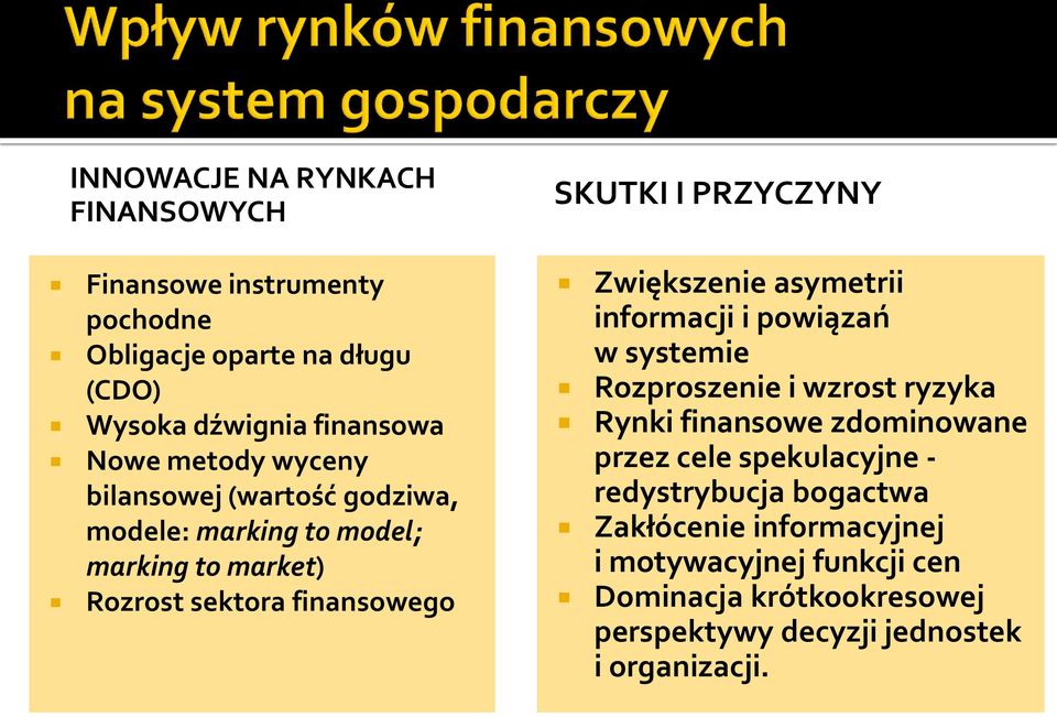 Zwiększenie asymetrii informacji i powiązań w systemie Rozproszenie i wzrost ryzyka Rynki finansowe zdominowane przez cele spekulacyjne