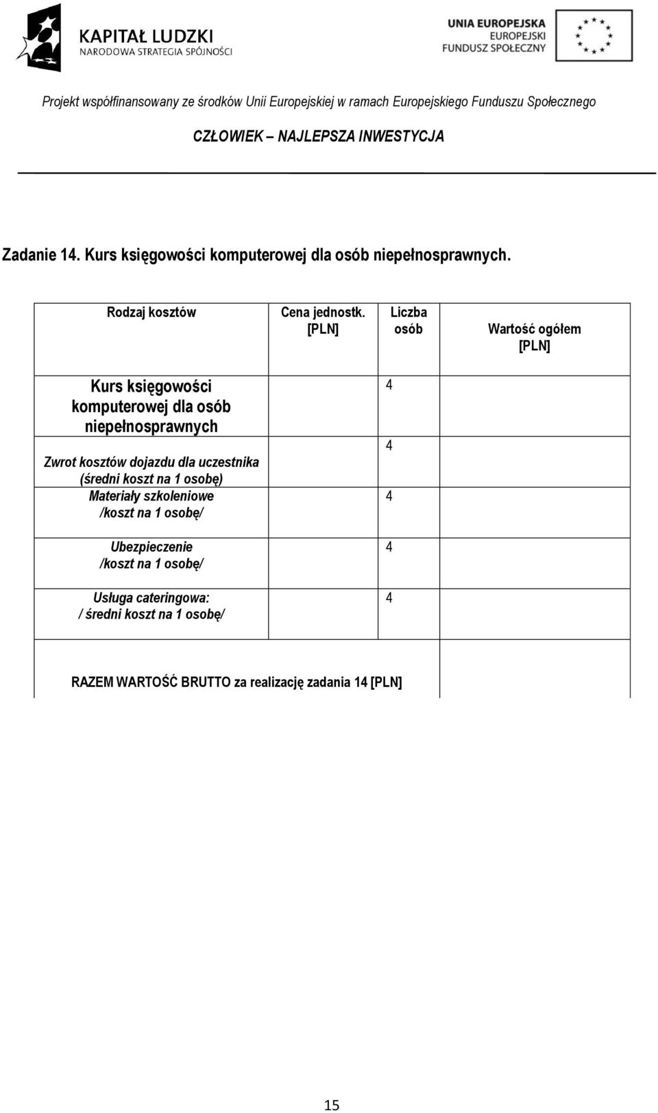 osobę) /koszt na osobę/ 4 4 4 /koszt na osobę/ 4 /