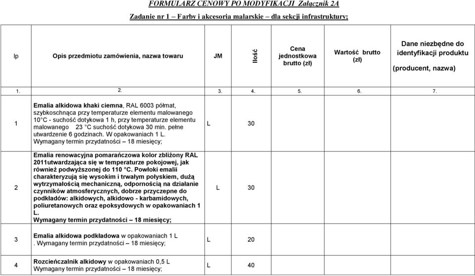 1 2 3 Emalia alkidowa khaki ciemna, RAL 6003 półmat, szybkoschnąca przy temperaturze elementu malowanego 10 C - suchość dotykowa 1 h, przy temperaturze elementu malowanego 23 C suchość dotykowa 30