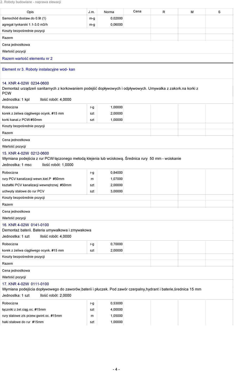 #15 mm 2,00000 korki kanal.z PCW #50mm 15. KN 4-02W 0212-0600 Wymiana podejścia z rur PCW łączonego metodą klejenia lub wciskową.