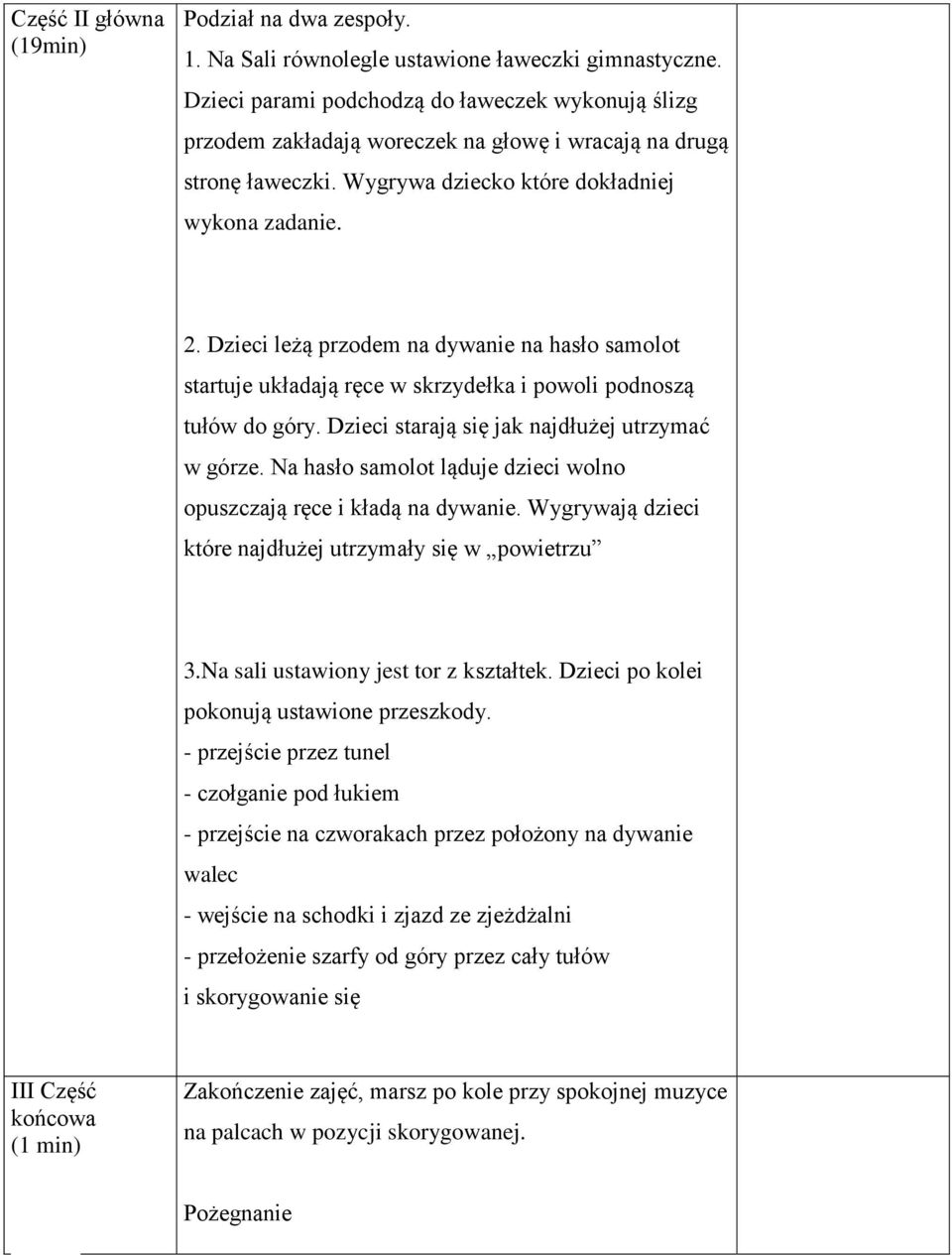 Dzieci leżą przodem na dywanie na hasło samolot startuje układają ręce w skrzydełka i powoli podnoszą tułów do góry. Dzieci starają się jak najdłużej utrzymać w górze.