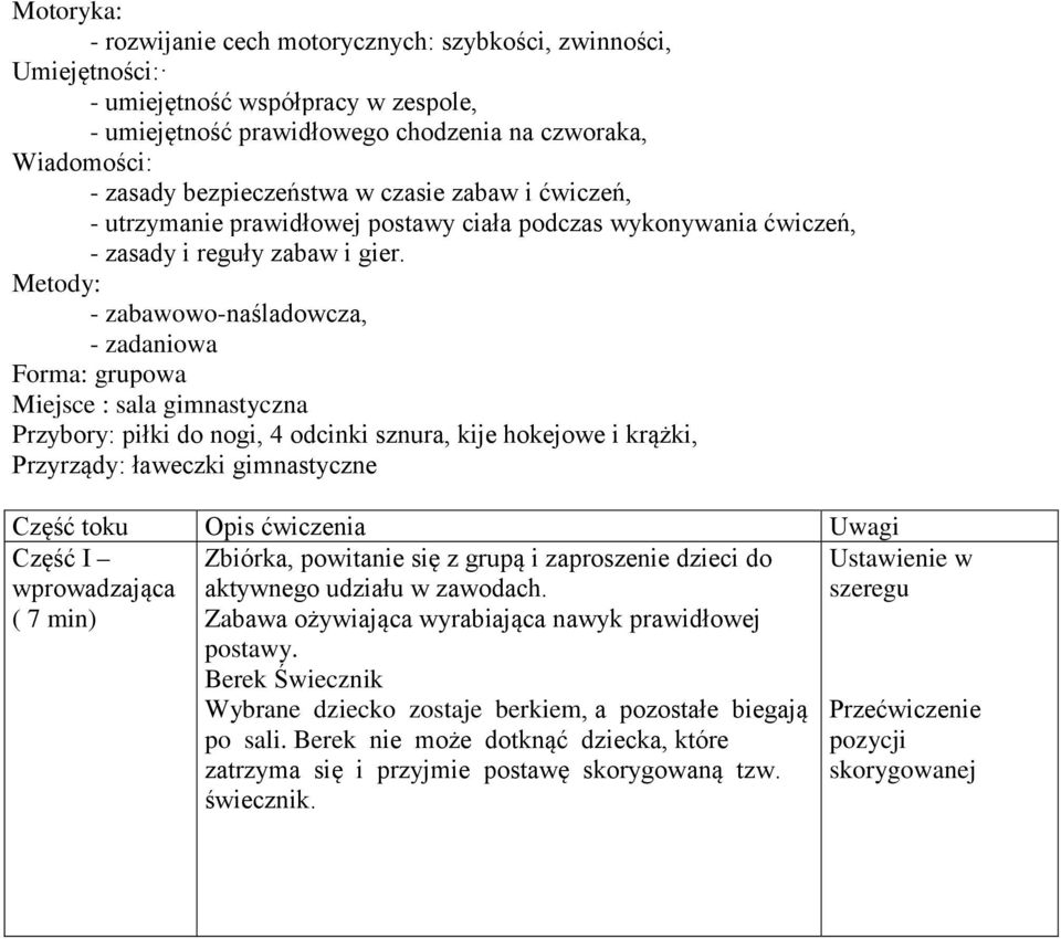 Metody: - zabawowo-naśladowcza, - zadaniowa Forma: grupowa Miejsce : sala gimnastyczna Przybory: piłki do nogi, 4 odcinki sznura, kije hokejowe i krążki, Przyrządy: ławeczki gimnastyczne Część toku