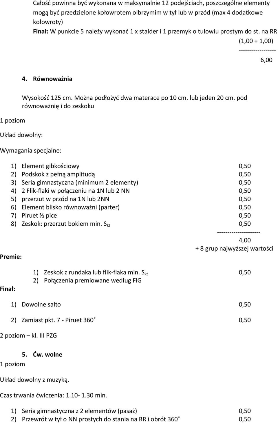 pod równoważnię i do zeskoku Układ dowolny: Wymagania specjalne: 1) Element gibkościowy 0,50 2) Podskok z pełną amplitudą 0,50 3) Seria gimnastyczna (minimum 2 elementy) 0,50 4) 2 Flik-flaki w