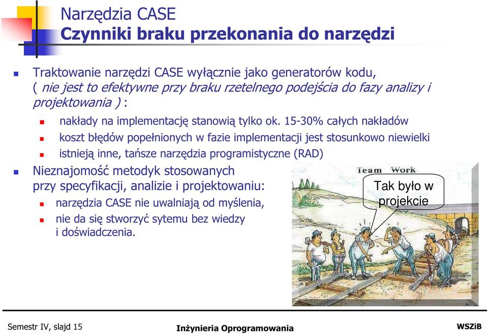 15-30% całych nakładów koszt błędów popełnionych w fazie implementacji jest stosunkowo niewielki istnieją inne, tańsze narzędzia programistyczne (RAD)