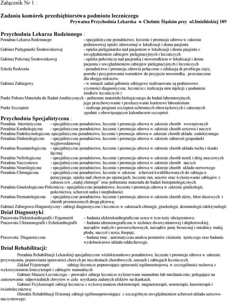 pacjenta Gabinet Pielęgniarki Środowiskowej - opieka pielęgniarska nad pacjentem w lokalizacji i domu pacjenta z uwzględnieniem zabiegów pielęgnacyjnych i leczniczych Gabinet Położnej Środowiskowej -