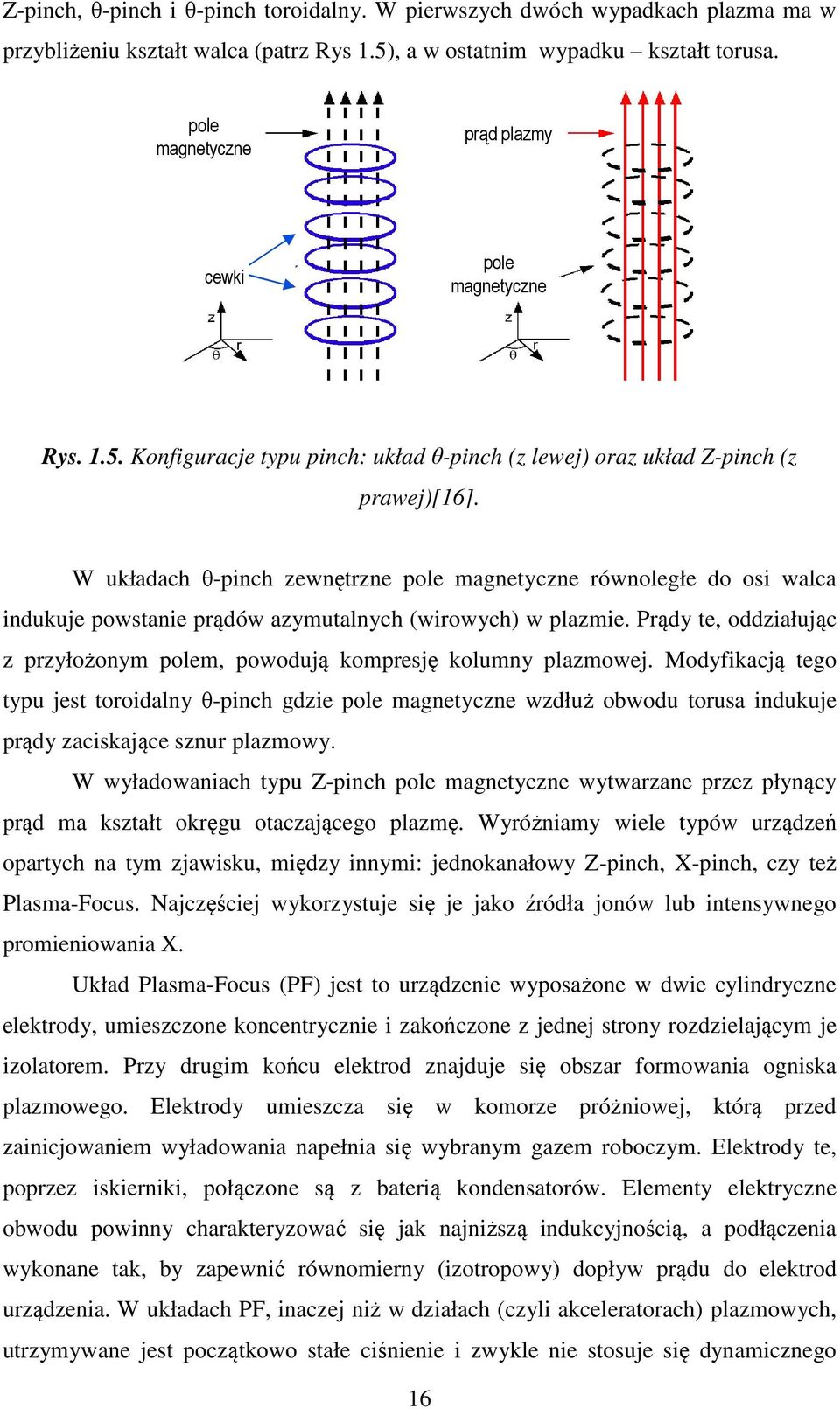 W układach θ-pinch zewnętrzne pole magnetyczne równoległe do osi walca indukuje powstanie prądów azymutalnych (wirowych) w plazmie.