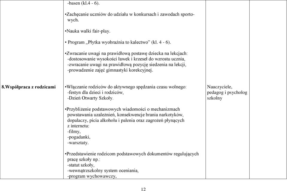 gimnastyki korekcyjnej. 8.Współpraca z rodzicami Włączanie rodziców do aktywnego spędzania czasu wolnego: -festyn dla dzieci i rodziców, -Dzień Otwarty Szkoły.