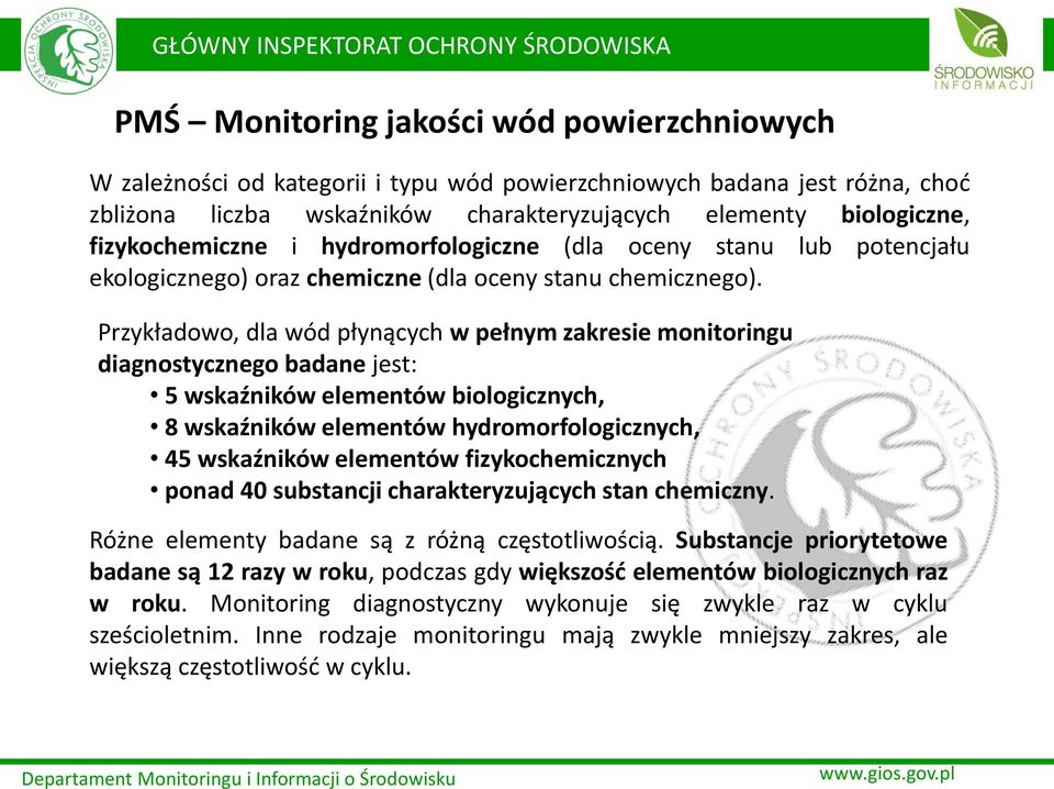 Przykładowo, dla wód płynących w pełnym zakresie monitoringu diagnostycznego badane jest: 5 wskaźników elementów biologicznych, 8 wskaźników elementów hydromorfologicznych, 45 wskaźników elementów