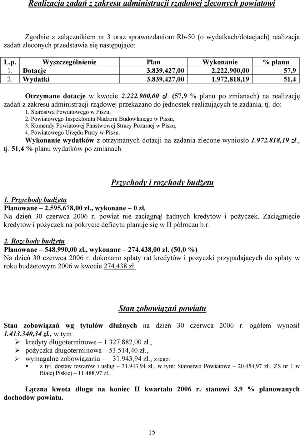 (57,9 % planu po zmianach) na realizację zadań z zakresu administracji rządowej przekazano do jednostek realizujących te zadania, tj. do: 1. Starostwa Powiatowego w Piszu, 2.