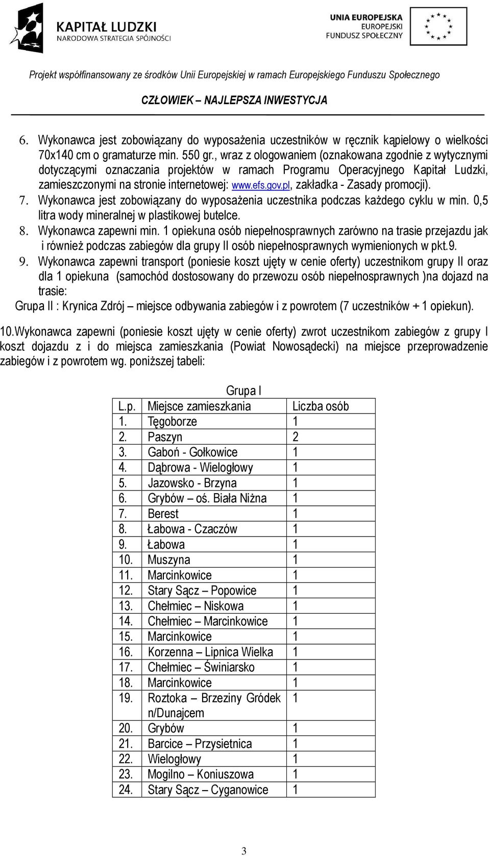 pl, zakładka - Zasady promocji). 7. Wykonawca jest zobowiązany do wyposażenia uczestnika podczas każdego cyklu w min. 0,5 litra wody mineralnej w plastikowej butelce. 8. Wykonawca zapewni min.