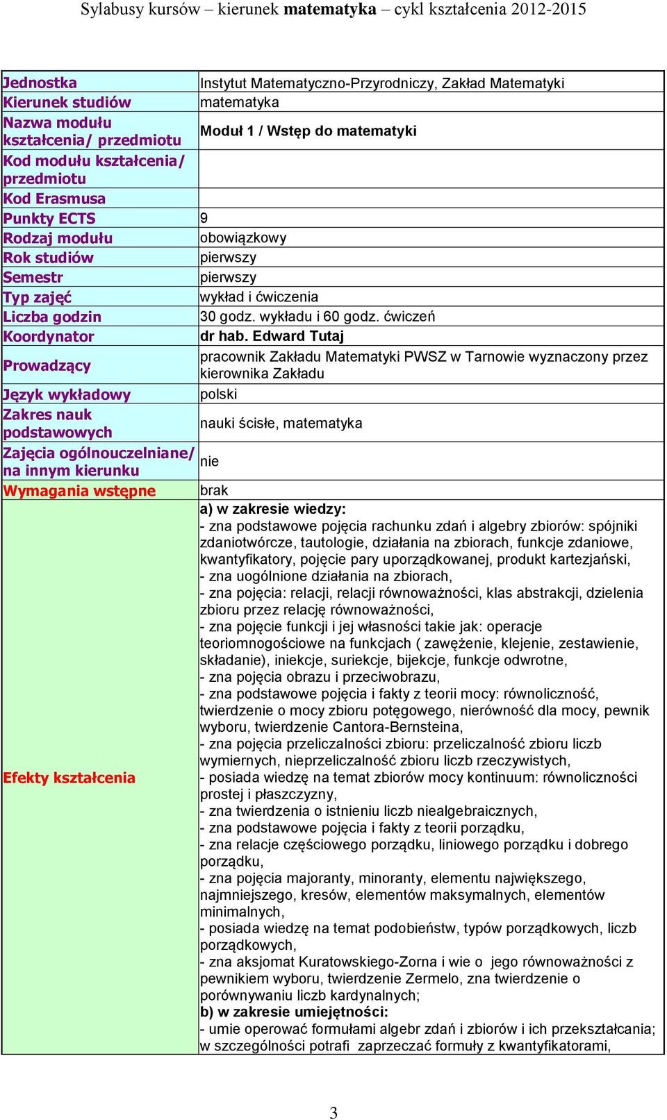 Edward Tutaj pracownik Zakładu Matematyki PWSZ w Tarnowie wyznaczony przez Prowadzący kierownika Zakładu Język wykładowy polski Zakres nauk nauki ścisłe, matematyka podstawowych Zajęcia