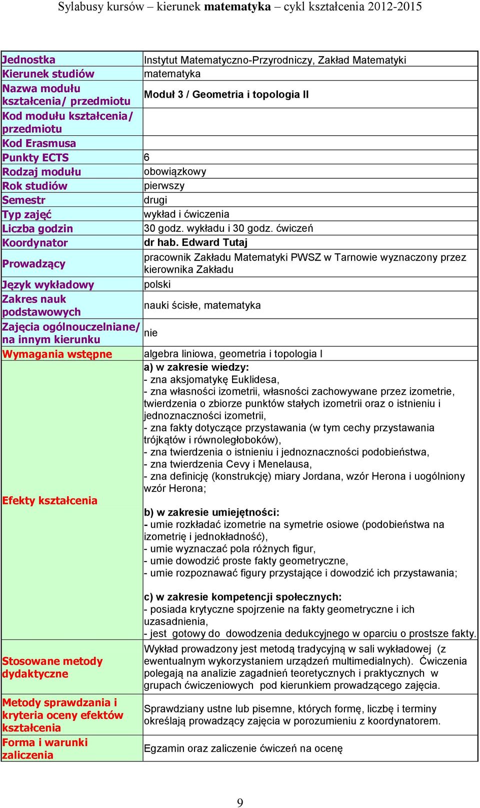 Edward Tutaj pracownik Zakładu Matematyki PWSZ w Tarnowie wyznaczony przez Prowadzący kierownika Zakładu Język wykładowy polski Zakres nauk nauki ścisłe, matematyka podstawowych Zajęcia