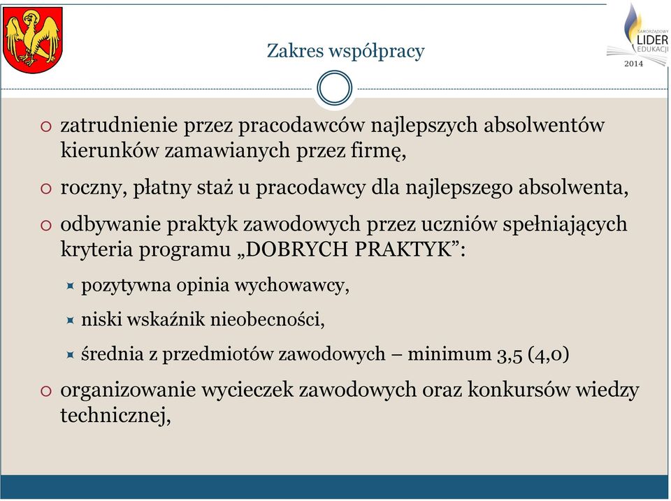 spełniających kryteria programu DOBRYCH PRAKTYK : pozytywna opinia wychowawcy, niski wskaźnik nieobecności,