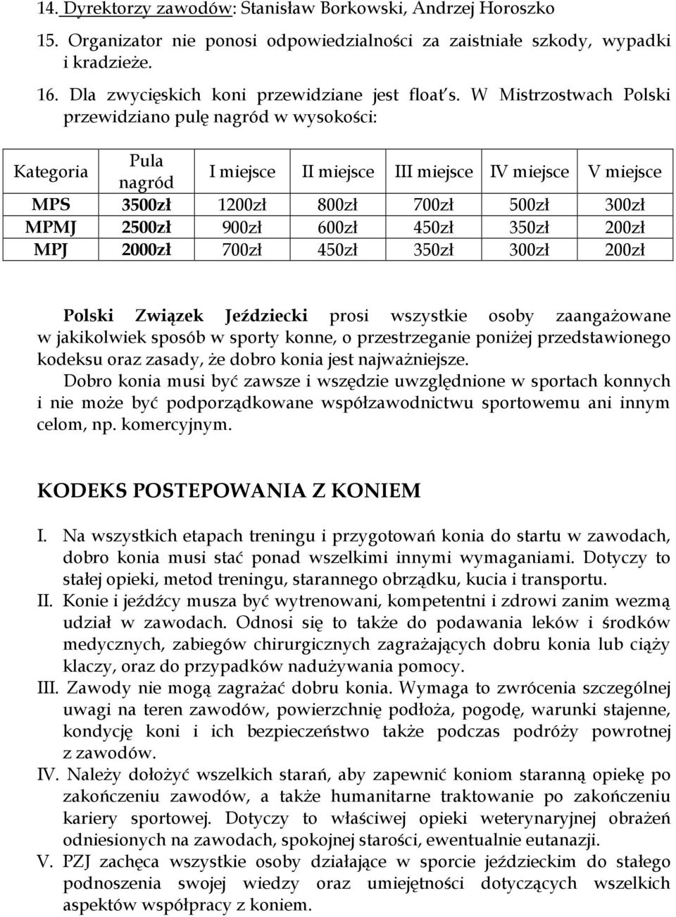 W Mistrzostwach Polski przewidziano pulę nagród w wysokości: Kategoria Pula nagród I miejsce II miejsce III miejsce IV miejsce V miejsce MPS 3500zł 1200zł 800zł 700zł 500zł 300zł MPMJ 2500zł 900zł