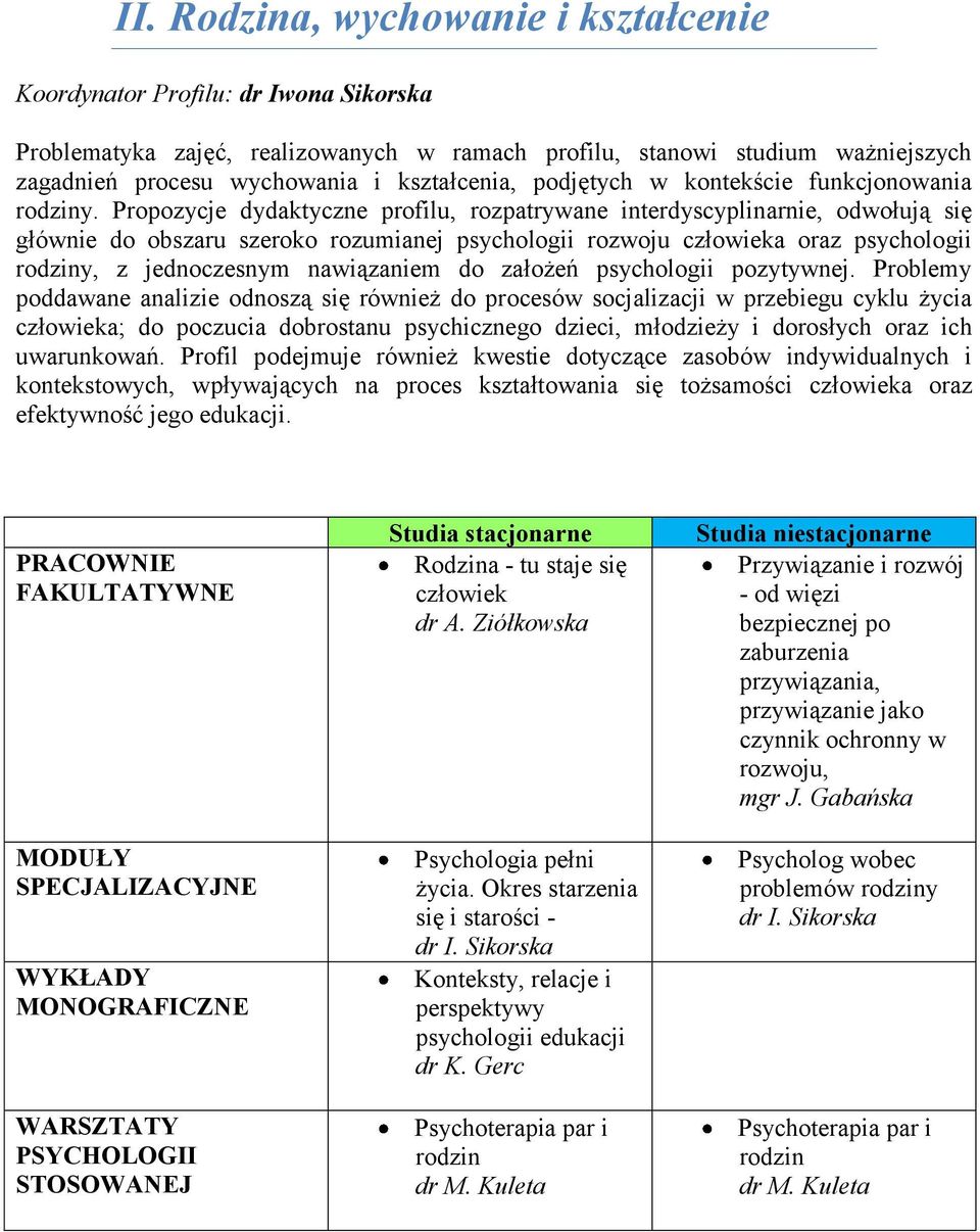 Propozycje dydaktyczne profilu, rozpatrywane interdyscyplinarnie, odwołują się głównie do obszaru szeroko rozumianej psychologii rozwoju człowieka oraz psychologii rodziny, z jednoczesnym nawiązaniem