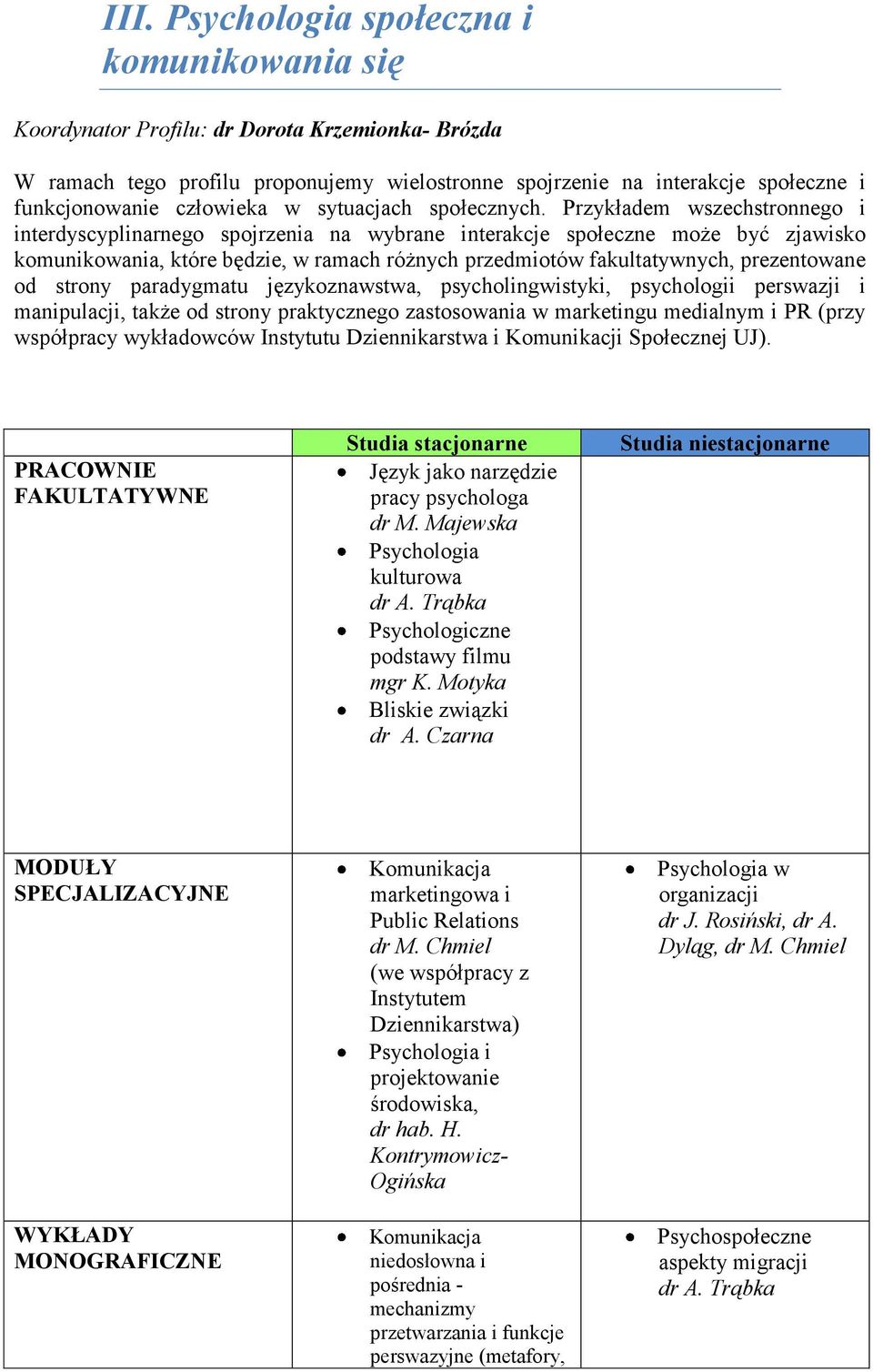 Przykładem wszechstronnego i interdyscyplinarnego spojrzenia na wybrane interakcje społeczne może być zjawisko komunikowania, które będzie, w ramach różnych przedmiotów fakultatywnych, prezentowane