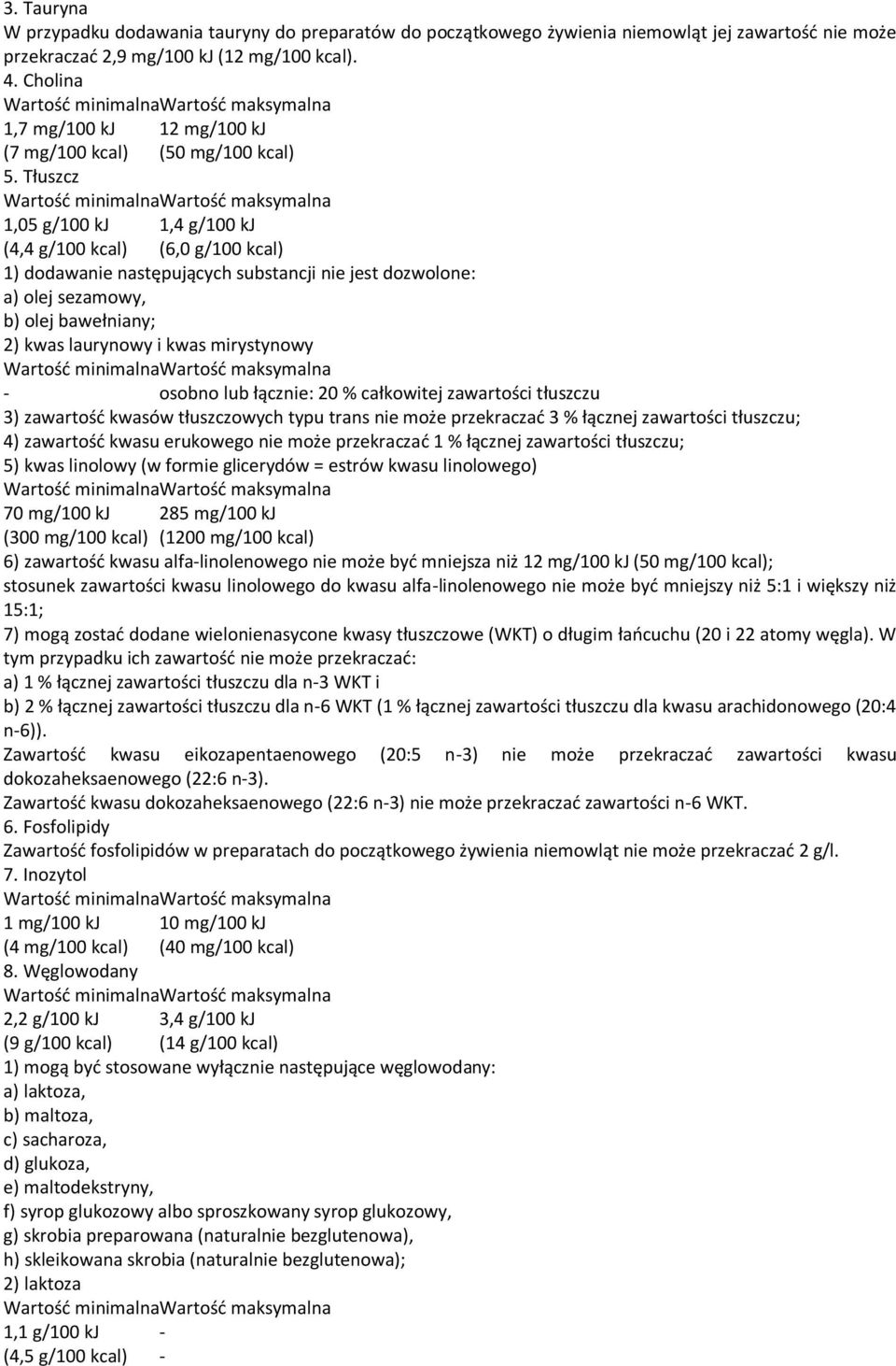 Tłuszcz 1,05 g/100 kj 1,4 g/100 kj (4,4 g/100 kcal) (6,0 g/100 kcal) 1) dodawanie następujących substancji nie jest dozwolone: a) olej sezamowy, b) olej bawełniany; 2) kwas laurynowy i kwas