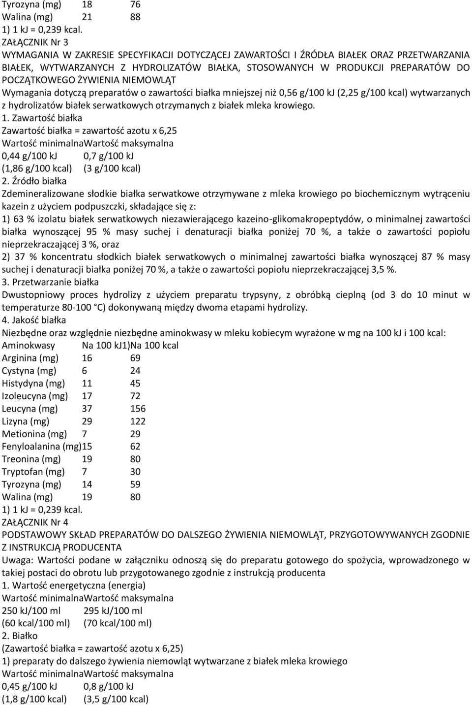 POCZĄTKOWEGO ŻYWIENIA NIEMOWLĄT Wymagania dotyczą preparatów o zawartości białka mniejszej niż 0,56 g/100 kj (2,25 g/100 kcal) wytwarzanych z hydrolizatów białek serwatkowych otrzymanych z białek