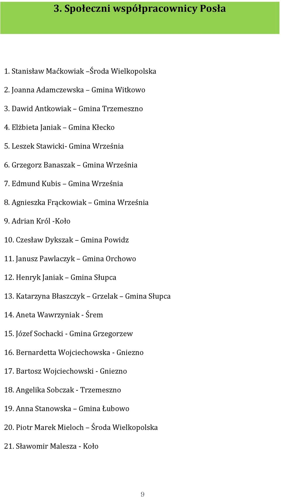 Czesław Dykszak Gmina Powidz 11. Janusz Pawlaczyk Gmina Orchowo 12. Henryk Janiak Gmina Słupca 13. Katarzyna Błaszczyk Grzelak Gmina Słupca 14. Aneta Wawrzyniak - Śrem 15.