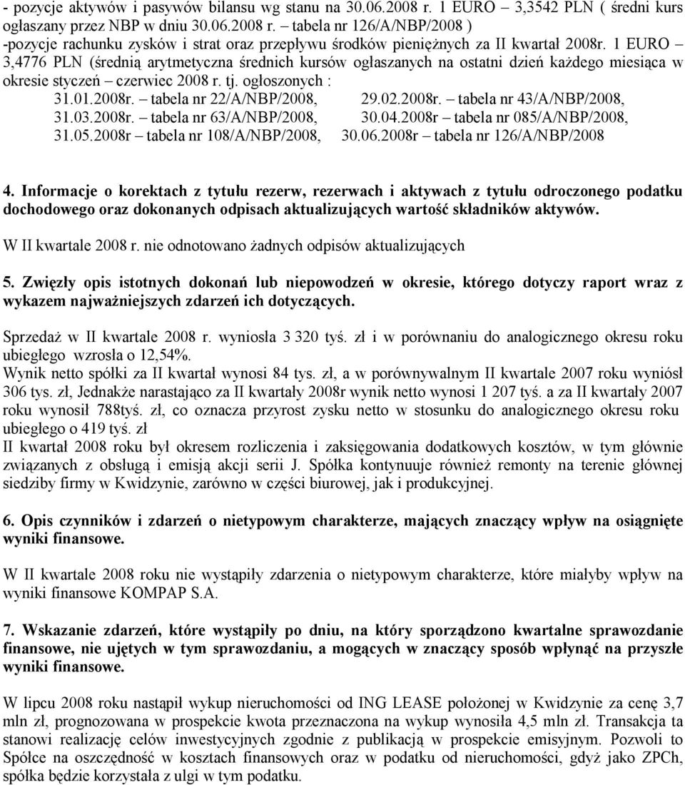 2008r. tabela nr 43/A/NBP/2008, 31.03.2008r. tabela nr 63/A/NBP/2008, 30.04.2008r tabela nr 085/A/NBP/2008, 31.05.2008r tabela nr 108/A/NBP/2008, 30.06.2008r tabela nr 126/A/NBP/2008 4.