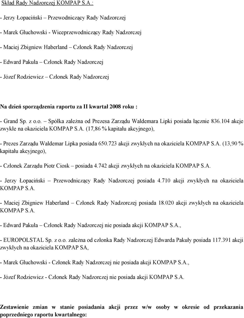 Nadzorczej - Józef Rodziewicz Członek Rady Nadzorczej Na dzień sporządzenia raportu za II kwartał 2008 roku : - Grand Sp. z o.o. Spółka zaleŝna od Prezesa Zarządu Waldemara Lipki posiada łącznie 836.