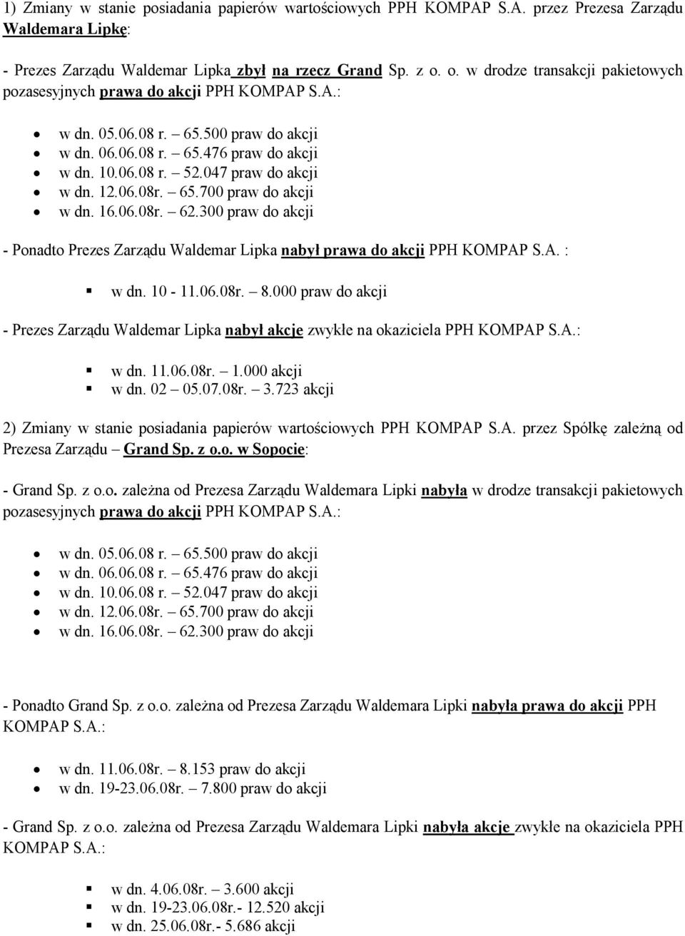 047 praw do akcji w dn. 12.06.08r. 65.700 praw do akcji w dn. 16.06.08r. 62.300 praw do akcji - Ponadto Prezes Zarządu Waldemar Lipka nabył prawa do akcji PPH KOMPAP S.A. : w dn. 10-11.06.08r. 8.