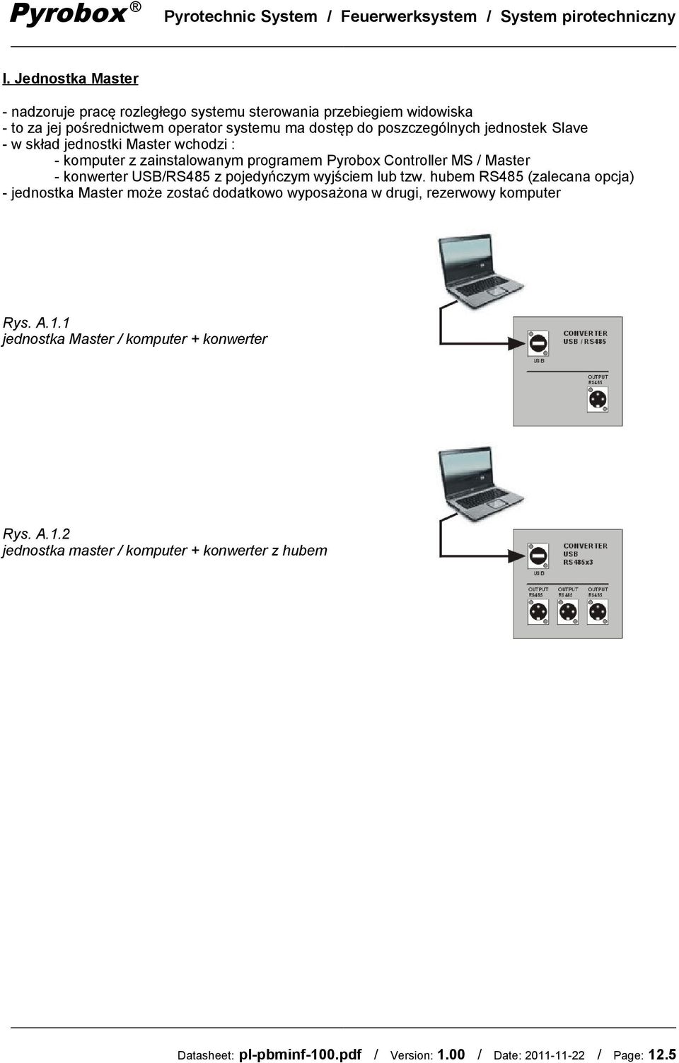 USB/RS485 z pojedyńczym wyjściem lub tzw. hubem RS485 (zalecana opcja) - jednostka Master może zostać dodatkowo wyposażona w drugi, rezerwowy komputer Rys. A.
