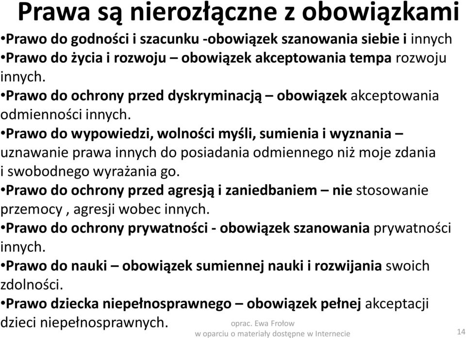 Prawo do wypowiedzi, wolności myśli, sumienia i wyznania uznawanie prawa innych do posiadania odmiennego niż moje zdania i swobodnego wyrażania go.