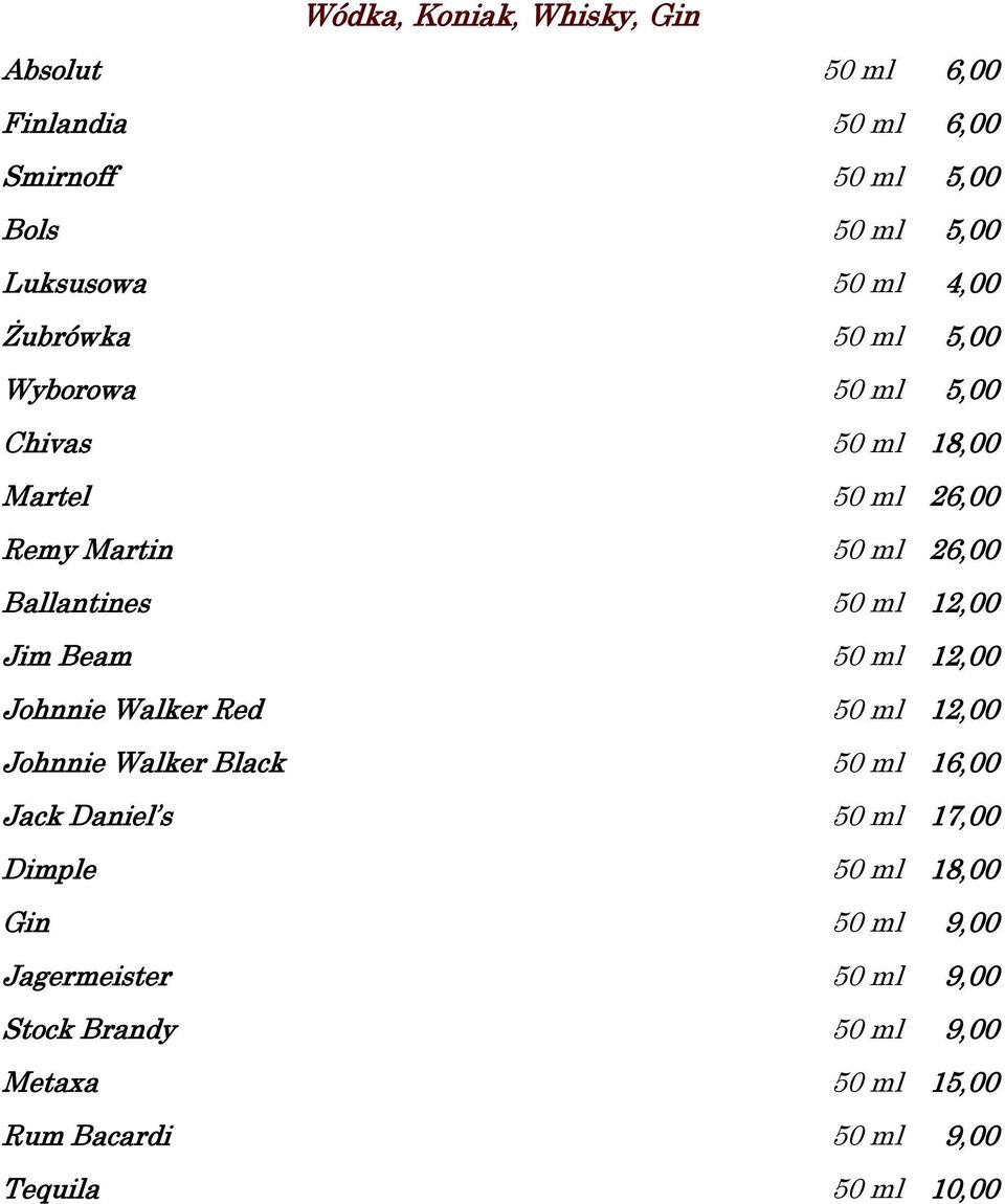 Beam 50 ml 12,00 Johnnie Walker Red 50 ml 12,00 Johnnie Walker Black 50 ml 1 Jack Daniel s Dimple 50 ml 50 ml 17,00