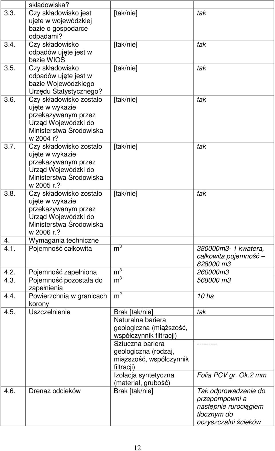 Czy składowisko zostało [/nie] ujęte w wykazie przekazywanym przez Urząd Wojewódzki do Ministerstwa Środowiska w 2004 r? 3.7.