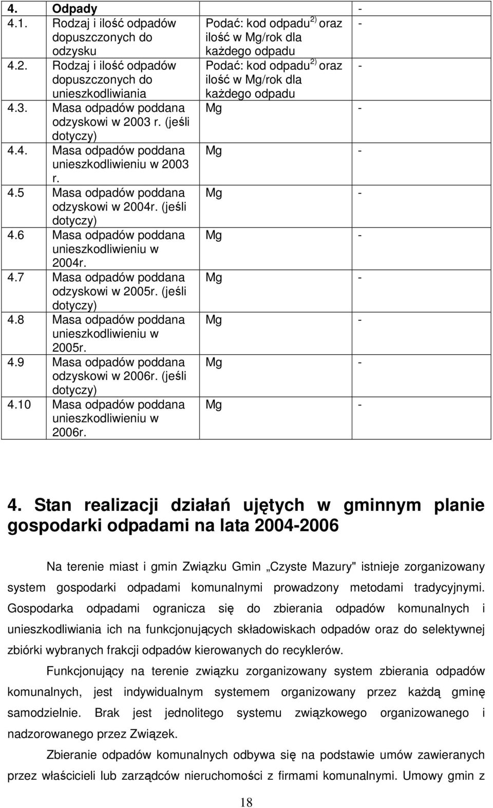 (jeśli dotyczy) 4.8 Masa poddana unieszkodliwieniu w 2005r. 4.9 Masa poddana odzyskowi w 2006r. (jeśli dotyczy) 4.10 Masa poddana unieszkodliwieniu w 2006r.