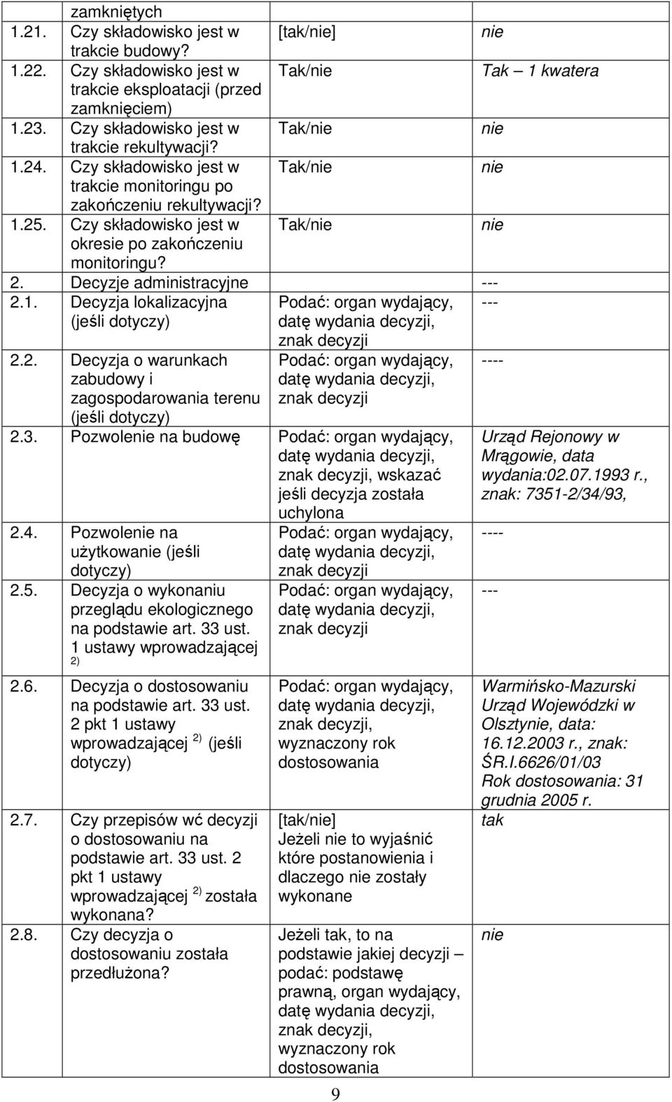 Czy składowisko jest w Tak/nie nie okresie po zakończeniu monitoringu? 2. Decyzje administracyjne 2.1. Decyzja lokalizacyjna (jeśli dotyczy) 2.2. Decyzja o warunkach zabudowy i zagospodarowania terenu (jeśli dotyczy) znak decyzji znak decyzji 2.