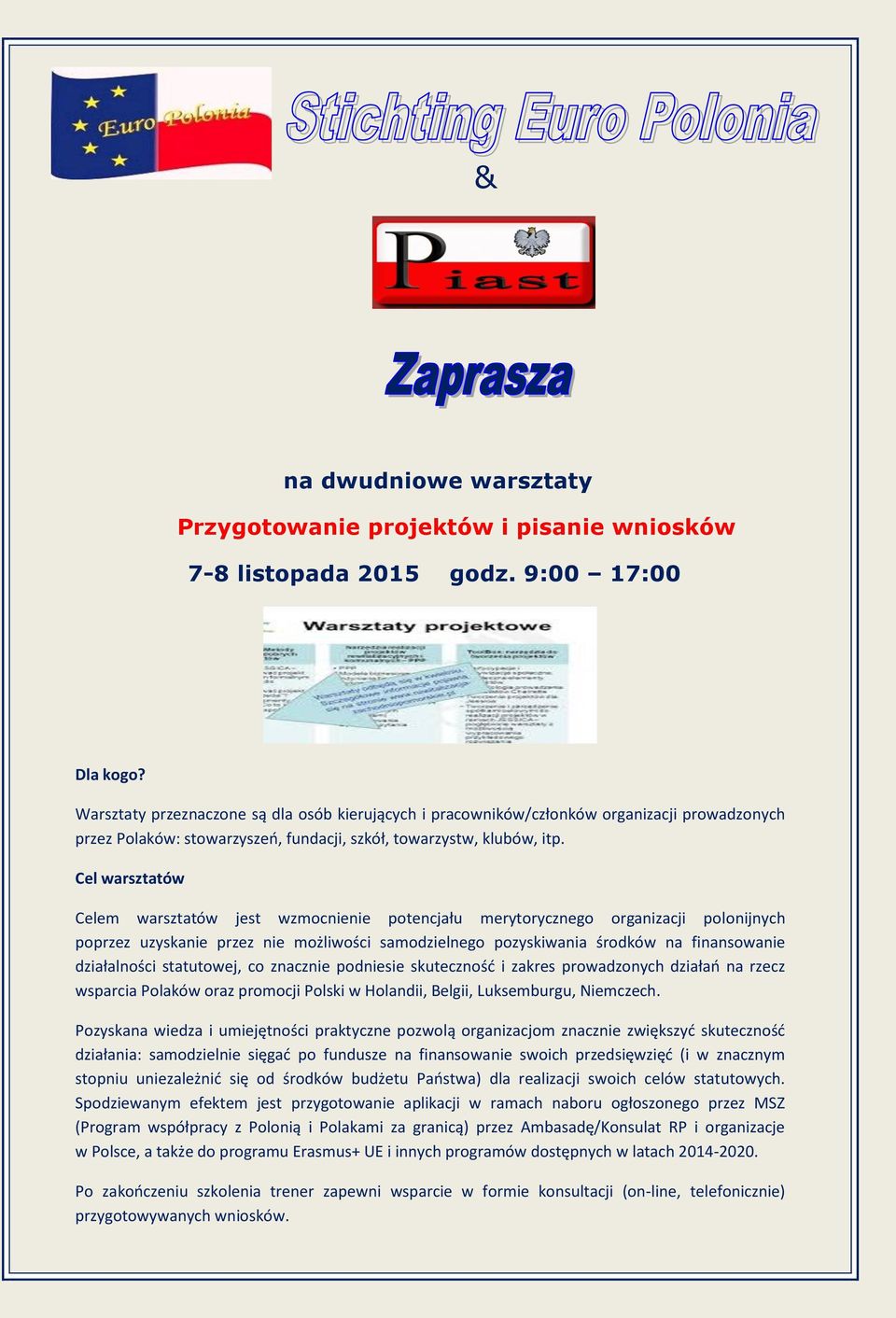 Cel warsztatów Celem warsztatów jest wzmocnienie potencjału merytorycznego organizacji polonijnych poprzez uzyskanie przez nie możliwości samodzielnego pozyskiwania środków na finansowanie