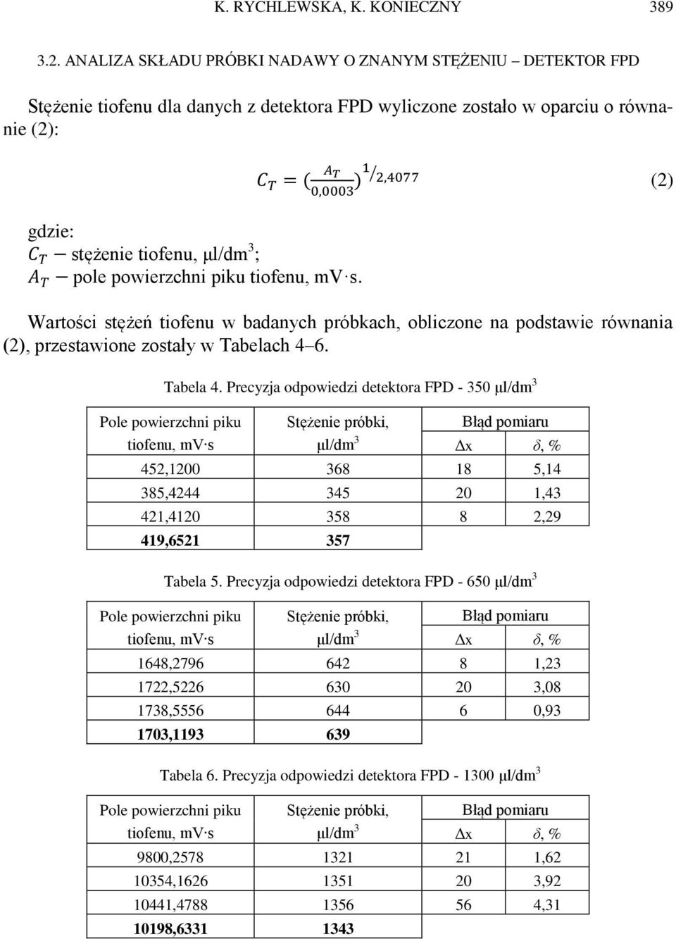 stężenie tiofenu, ; A T pole powierzchni piku tiofenu, mv s. Wartości stężeń tiofenu w badanych próbkach, obliczone na podstawie równania (2), przestawione zostały w Tabelach 4 6. Tabela 4.