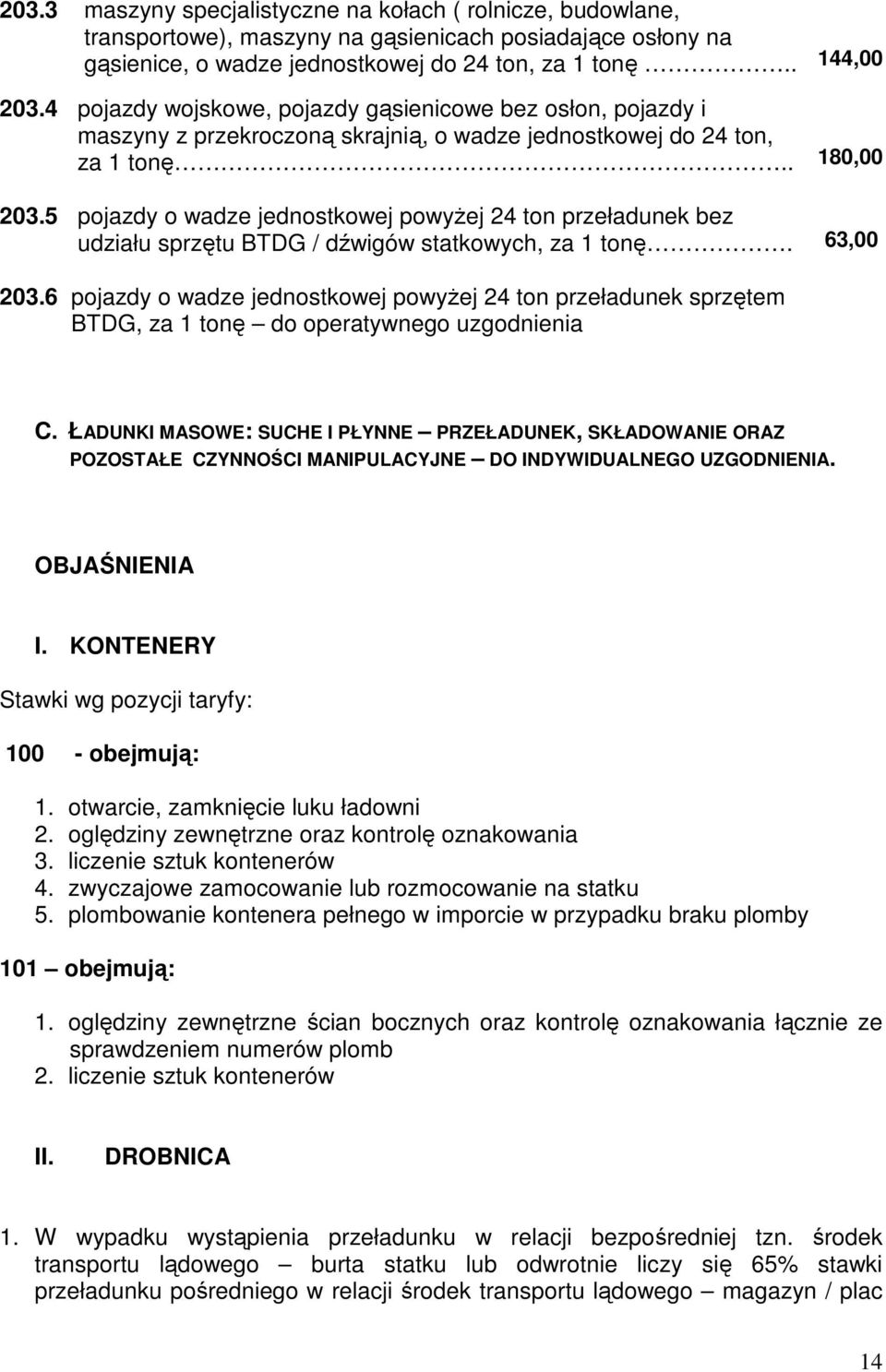 5 pojazdy o wadze jednostkowej powyŝej 24 ton przeładunek bez udziału sprzętu BTDG / dźwigów statkowych, za 1 tonę. 63,00 203.