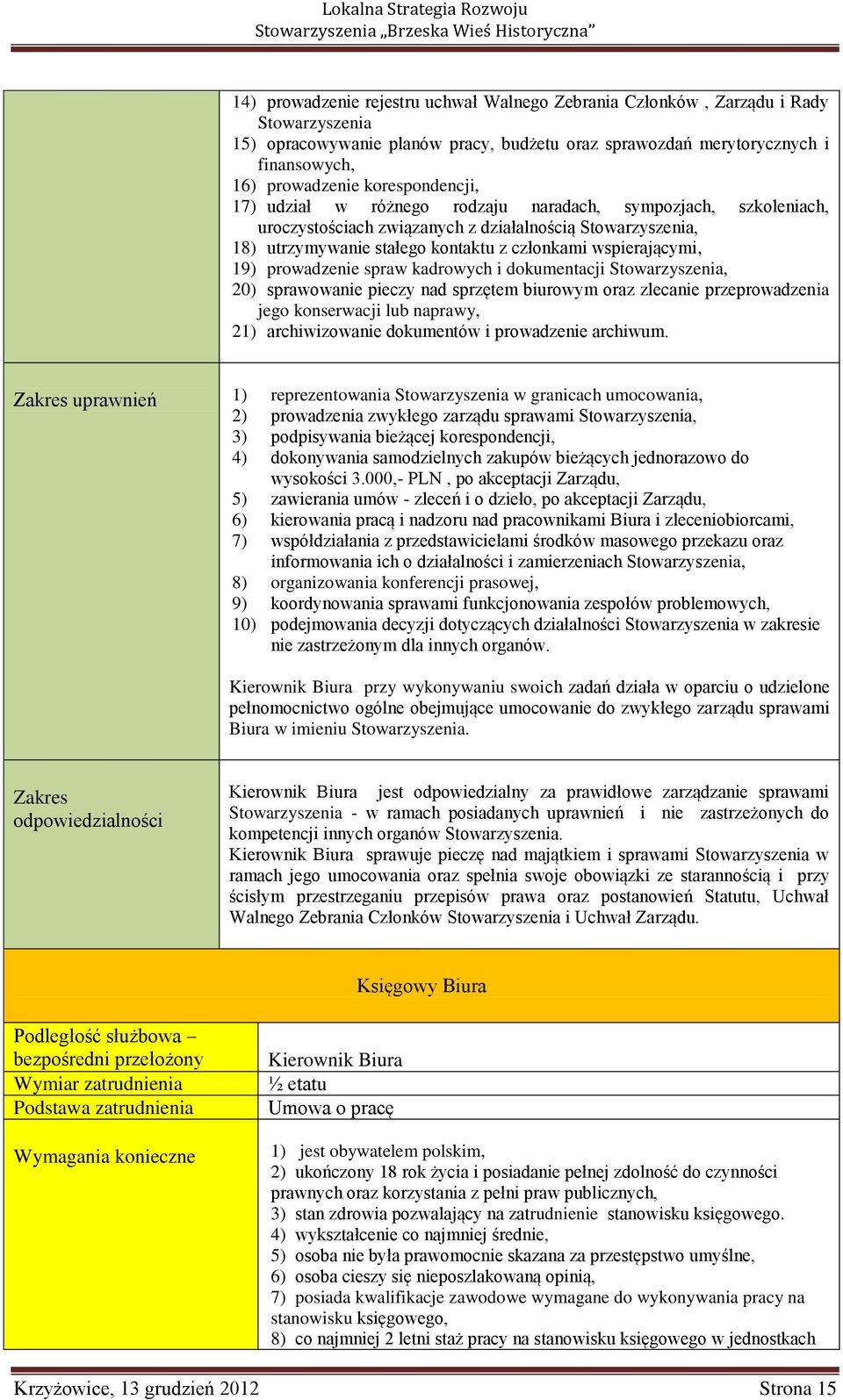 19) prowadzenie spraw kadrowych i dokumentacji Stowarzyszenia, 2) sprawowanie pieczy nad sprzętem biurowym oraz zlecanie przeprowadzenia jego konserwacji lub naprawy, 21) archiwizowanie dokumentów i