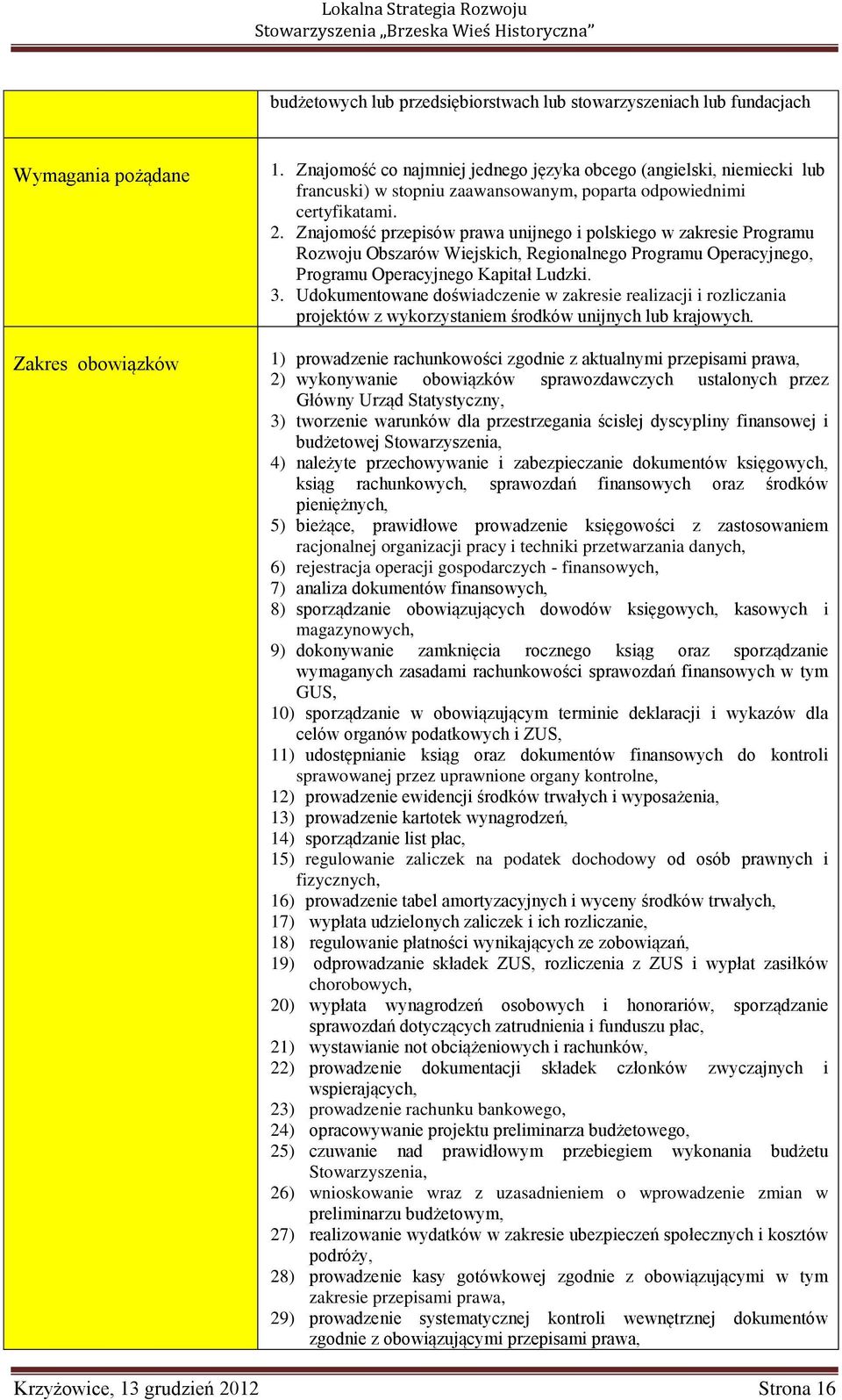 Znajomość przepisów prawa unijnego i polskiego w zakresie Programu Rozwoju Obszarów Wiejskich, Regionalnego Programu Operacyjnego, Programu Operacyjnego Kapitał Ludzki. 3.