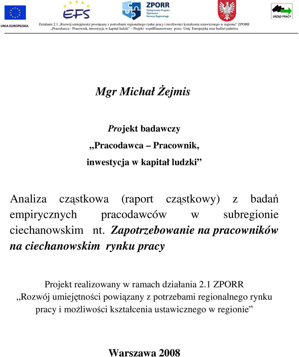 ludzki Projekt współfinansowany przez Unię Europejską oraz budżet państwa Mgr Michał Żejmis Projekt badawczy Pracodawca Pracownik, inwestycja w kapitał ludzki Analiza