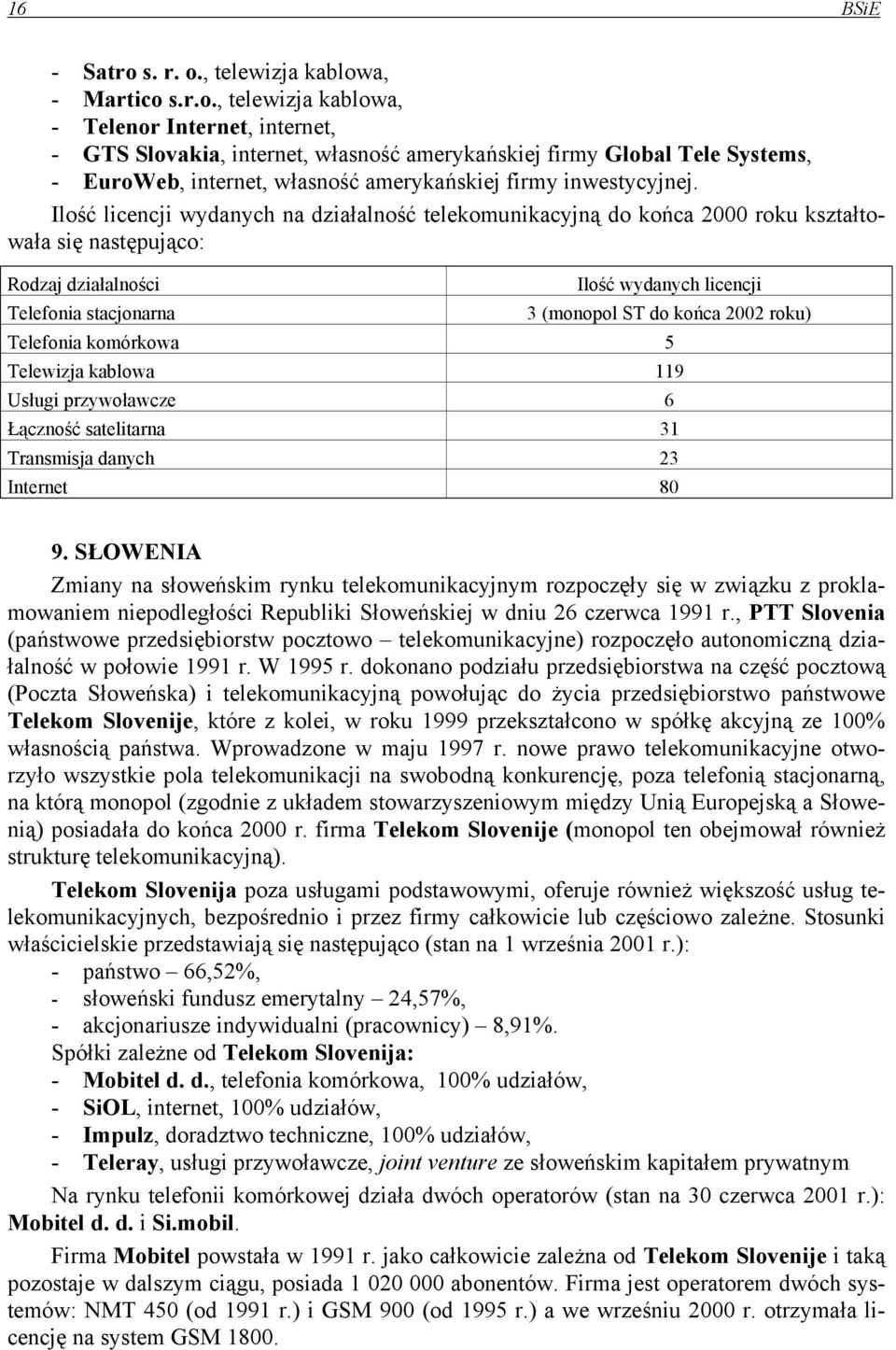 Ilość licencji wydanych na działalność telekomunikacyjną do końca 2000 roku kształtowała się następująco: Rodzaj działalności Telefonia stacjonarna Ilość wydanych licencji 3 (monopol ST do końca 2002