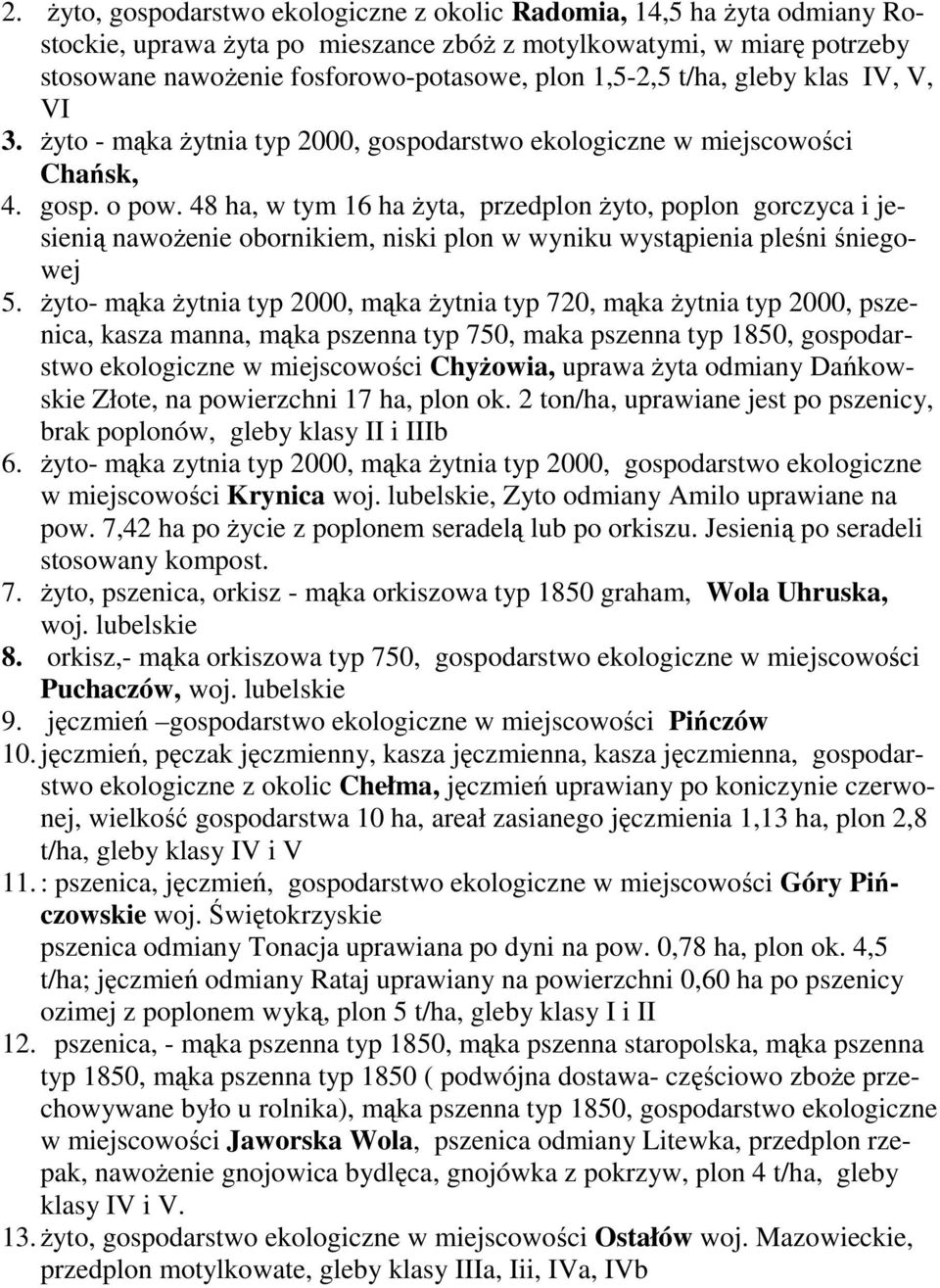 48 ha, w tym 16 ha Ŝyta, przedplon Ŝyto, poplon gorczyca i jesienią nawoŝenie obornikiem, niski plon w wyniku wystąpienia pleśni śniegowej 5.