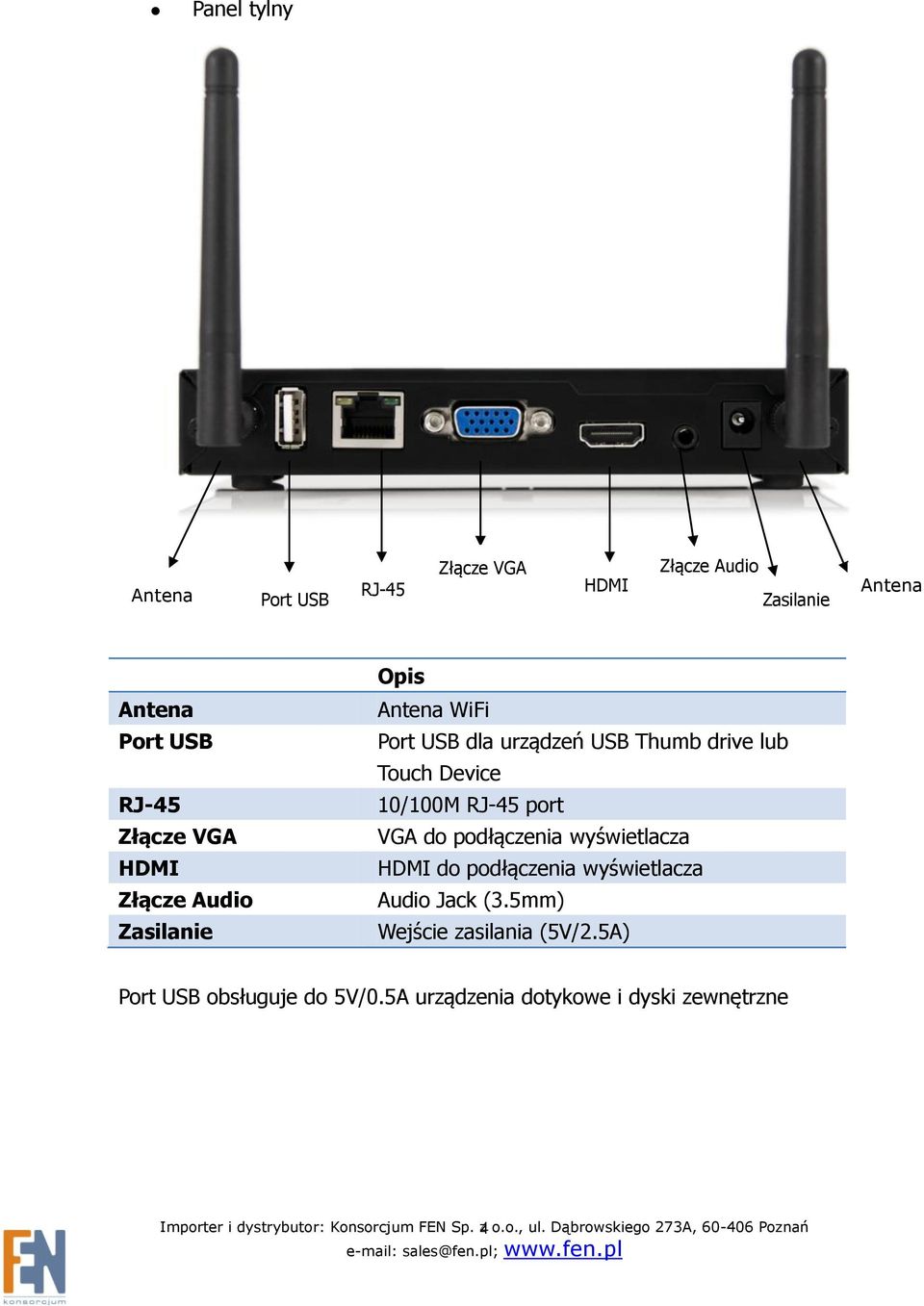 wyświetlacza HDMI do podłączenia wyświetlacza Audio Jack (3.5mm) Wejście zasilania (5V/2.5A) Port USB obsługuje do 5V/0.
