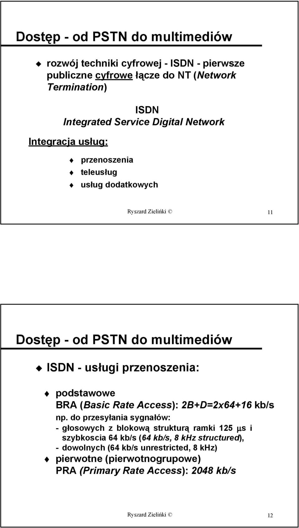 przenoszenia: podstawowe BRA (Basic Rate Access): 2B+D=2x64+16 kb/s np.